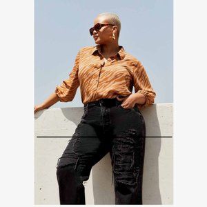 Tiger Print Button-up 3/4 Sleeves Blouse Shirt 1X